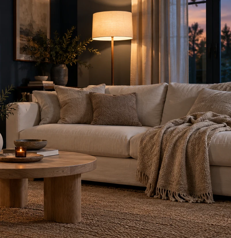Soft cream textiles and an understated home arrangement