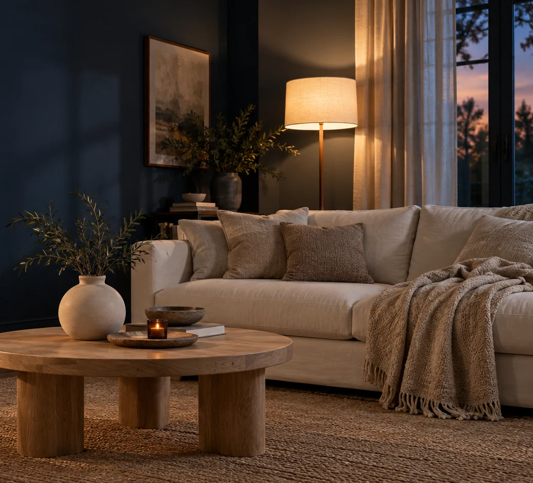 Warm evening light across a sofa and a simple arrangement of home accessories