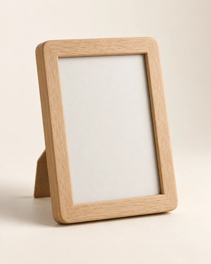 Softly rounded edges in a light wood tone. One tabletop photo frame.
