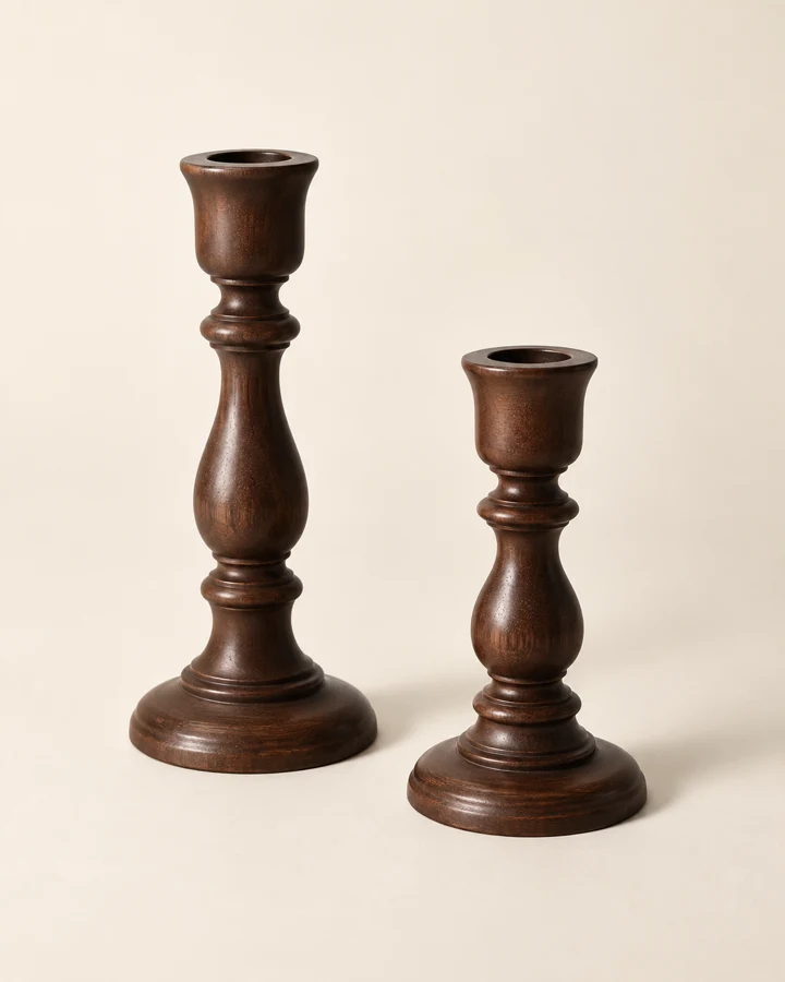 Different heights in a warm dark tone. Two candleholders; candles not included.