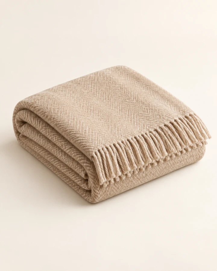 Warm beige with short fringe. One throw blanket.