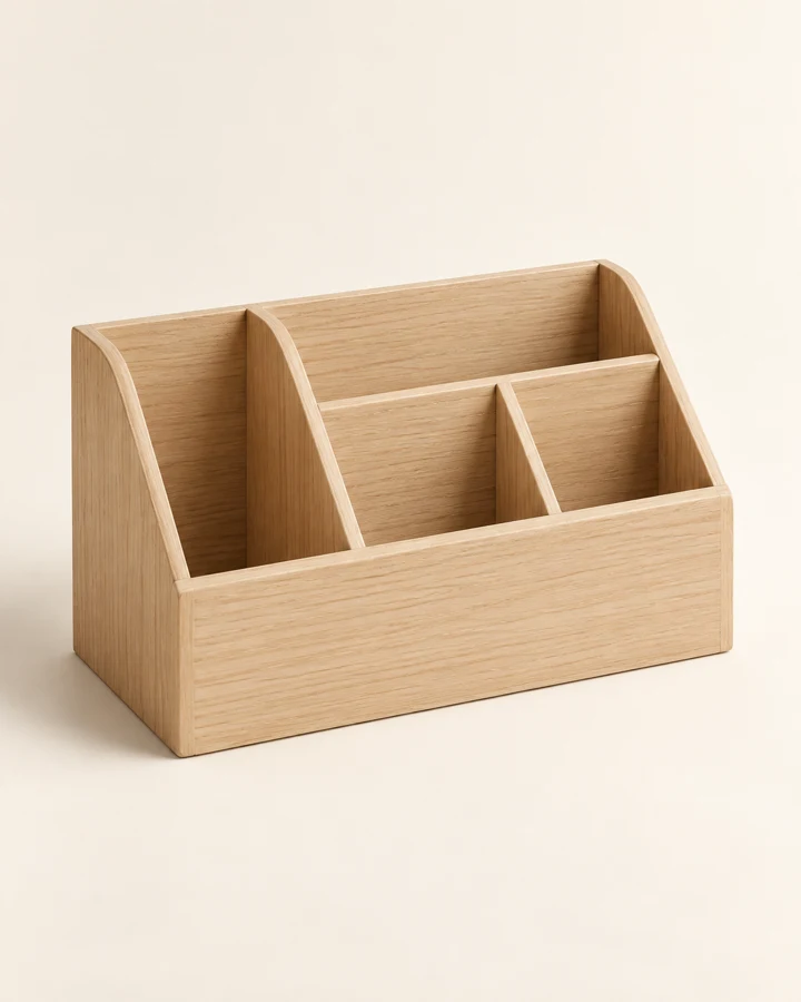 Light wood tone and open compartments. One organizer.