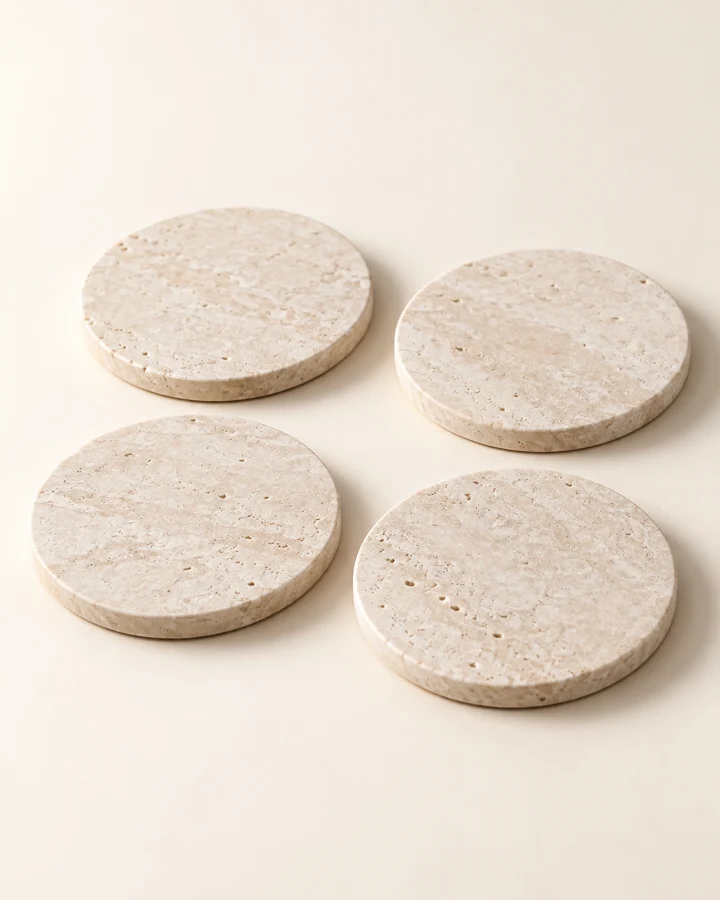 Round forms in a light neutral tone. Four coasters; cups not included.
